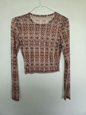 No Tag Women's  Sheer Mesh Long Sleeve Crop Top, 70s Vibe, Size Medium